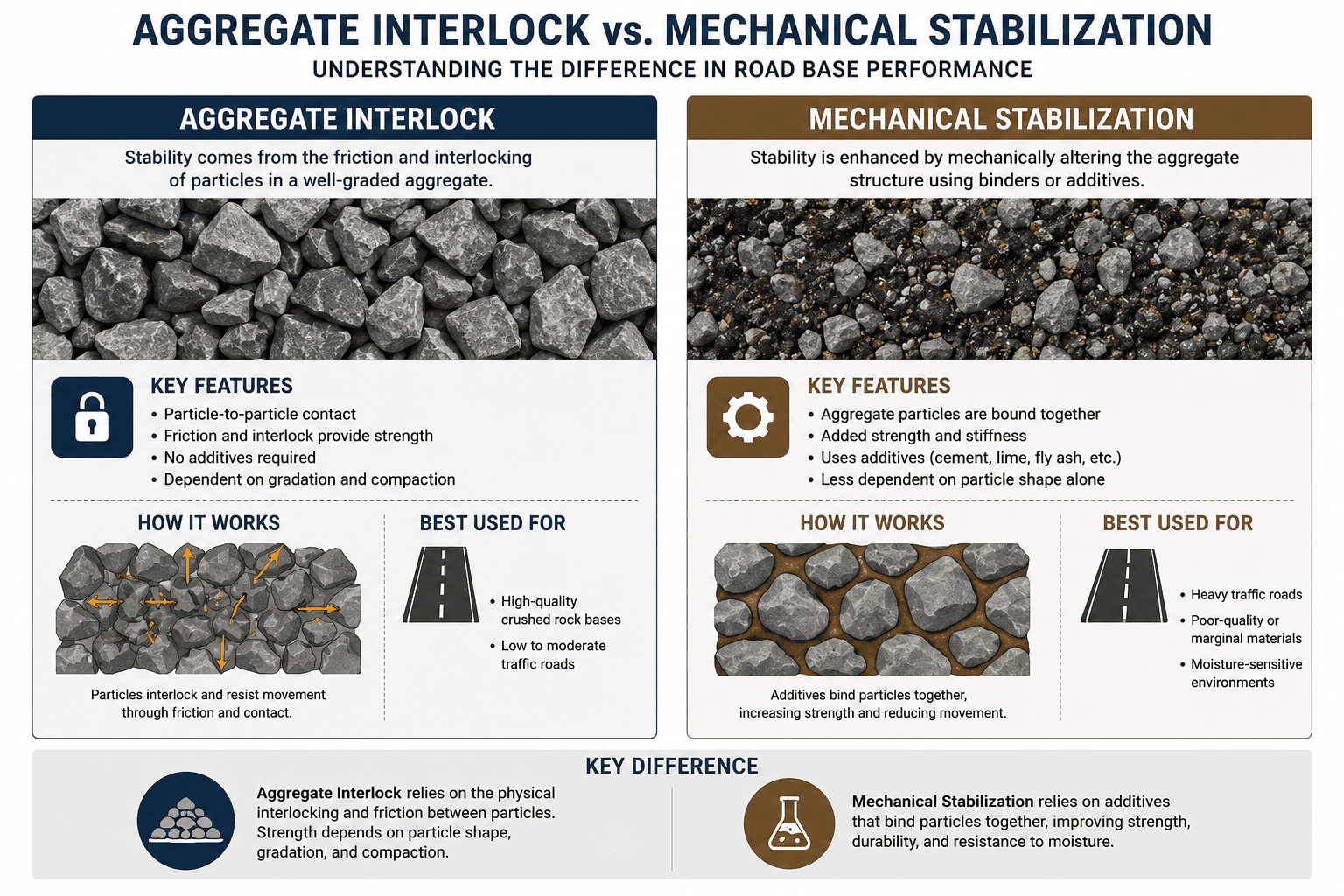 What Is the Difference Between Aggregate Interlock and Mechanical Stabilization in Road Base?